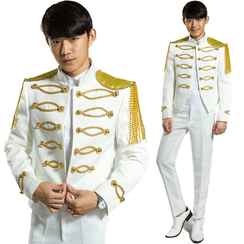 2022春夏男演出服表演舞台歌手合唱将军服白色流苏酒吧ktv宫廷服
