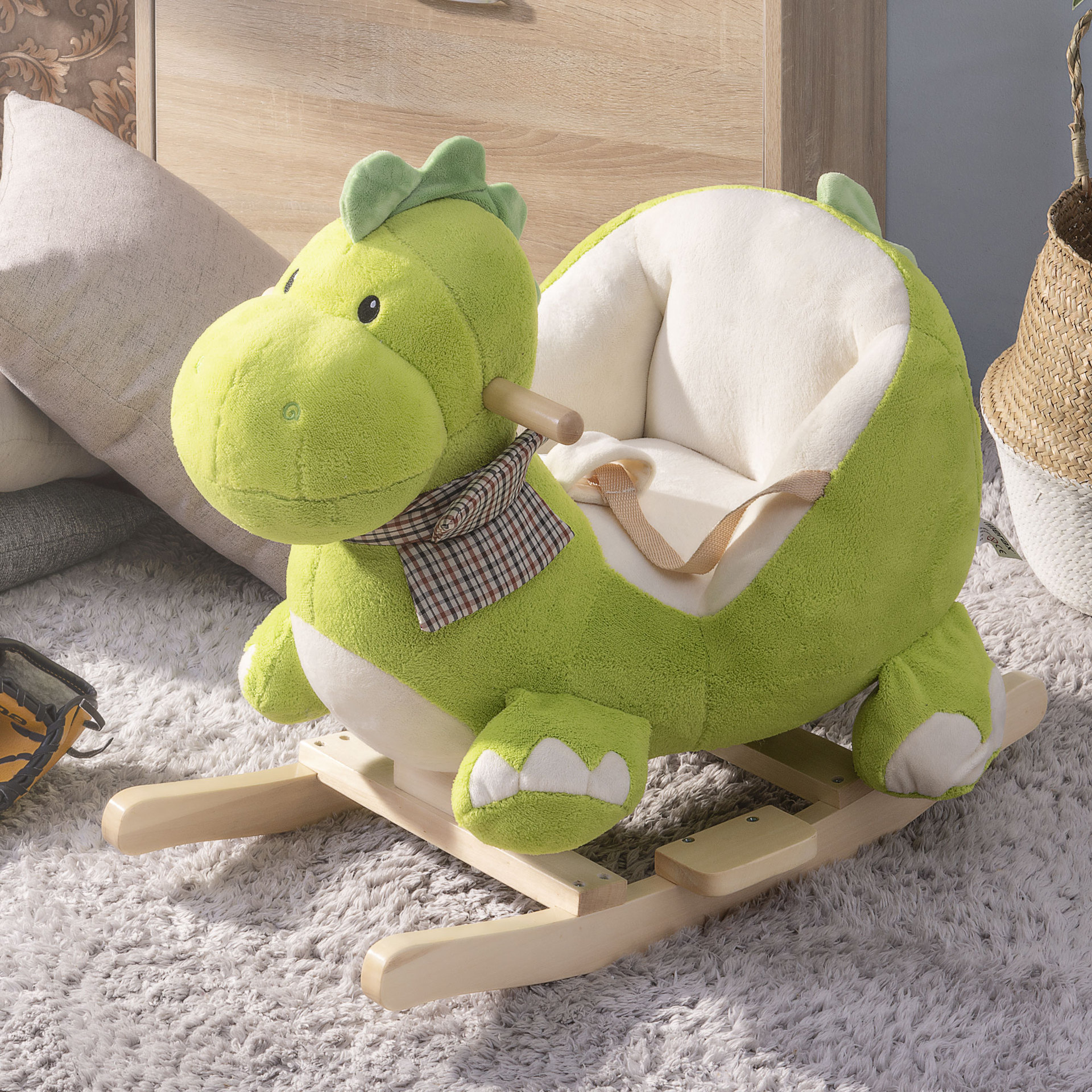 美国仓亚马逊一件代发实木毛绒摇摇马绿恐龙摇摇车木马现货包邮