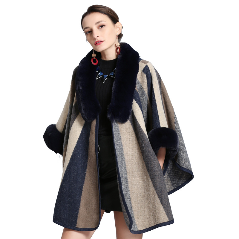 2021 European and American Imitation Fox Fur Collar Cloak outside Colorful Contrast Color Striped Knitted Inverness 603#