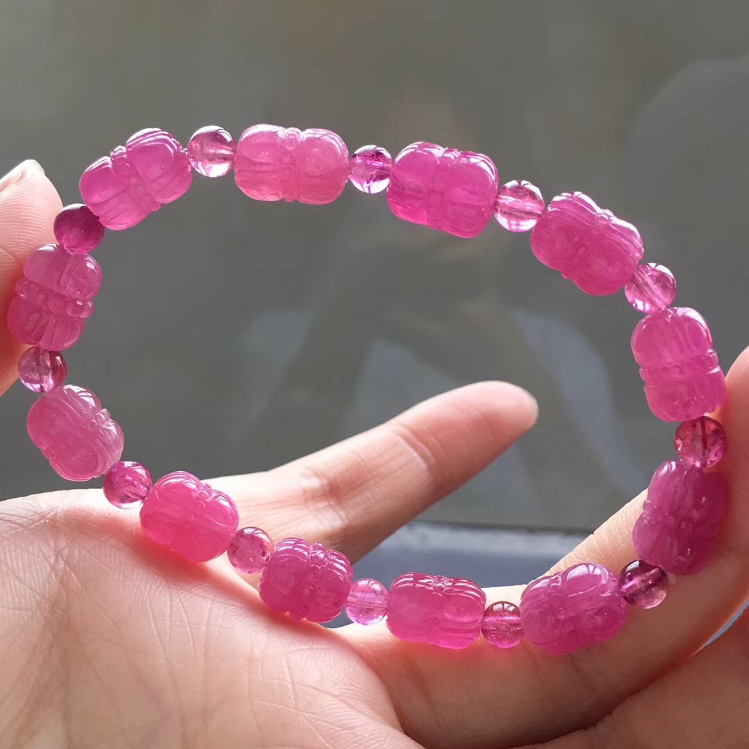 天然糖果彩虹红碧玺莲花珠手链 单圈圆珠手链水晶手串碧玺