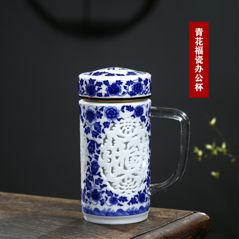 Jingdezhen Ceramic Thermos Cup Household Health Care with Handle Hollow Tea Cup Double-Layer Liner Office Cup Vehicle-Borne Cup