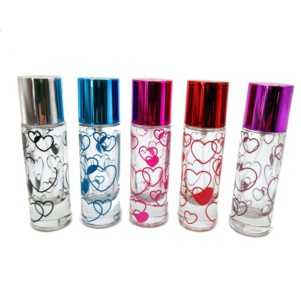 厂家现货秒发30ml螺口香水瓶印花圆柱喷雾玻璃瓶6色平顶盖 印爱心