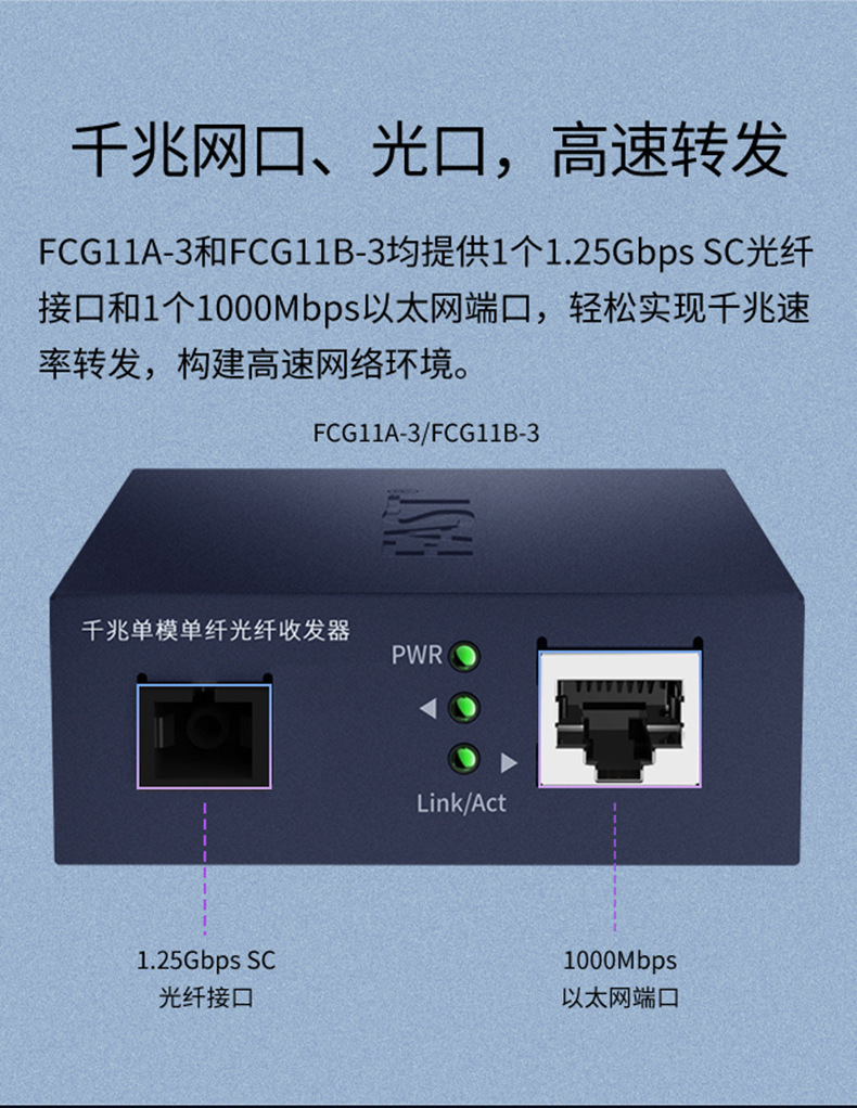 迅捷fcg11a-3 fcg11b-3 千兆单模单纤光纤收发器转换器3公里传输