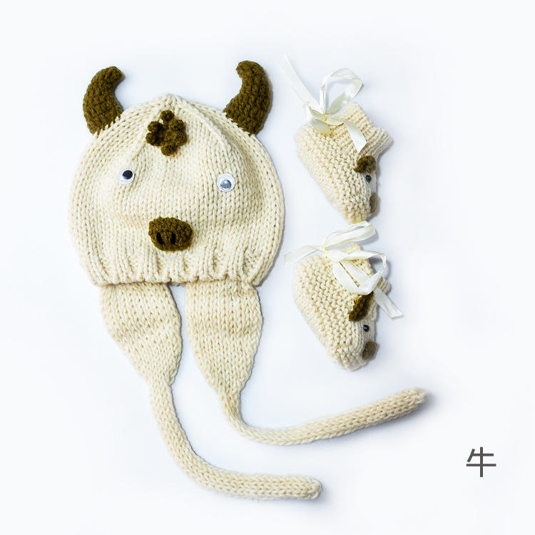 婴儿鞋帽套装儿童帽十二生肖牛1-3岁毛线手工针织帽男女宝宝可爱
