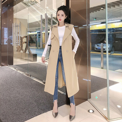 2019秋装新时尚韩版高腰显瘦腰带无袖风衣女双排扣马甲中长款外套