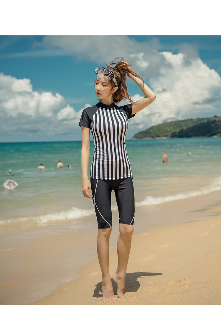 显瘦遮肚分体平角裤五分裤保守大码学生温泉短袖少女运动女游泳衣