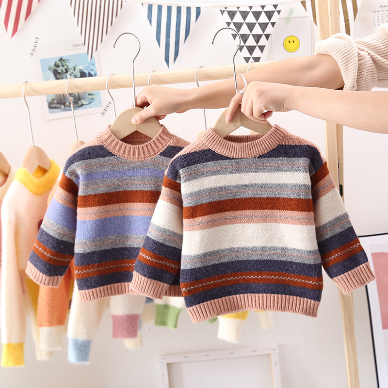 芭柔家kids 男童毛衣新款冬季韩版 儿童毛衣条纹洋气加绒一件代发