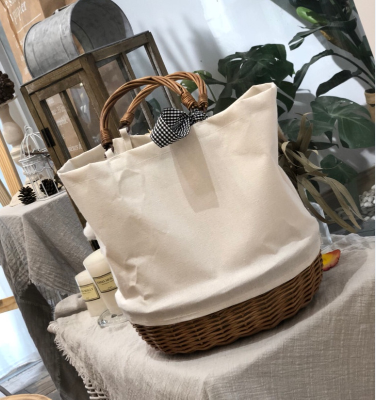 Factory Direct Sales Hand-Woven Splicing Package Canvas Bag Canvas Bag Shopping Bag Willow Rattan Plaited Shopping Basket