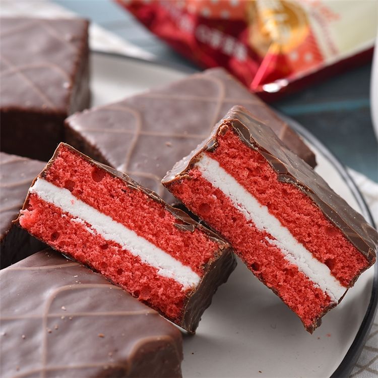 好丽友6枚装q蒂红丝绒莓莓味168g西式蛋糕夹心巧克力派休闲食品