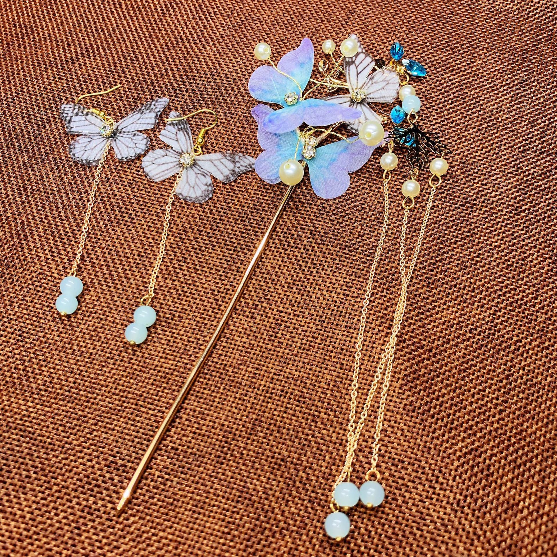 汉服头饰女步摇流苏古风超仙绢纱蝴蝶发簪发梳全套发饰古装饰品