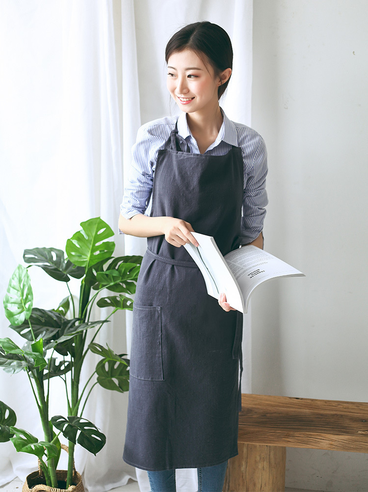 日系亚麻简约风棉麻围裙修身长款烘焙料理美甲店工作服可定制logo