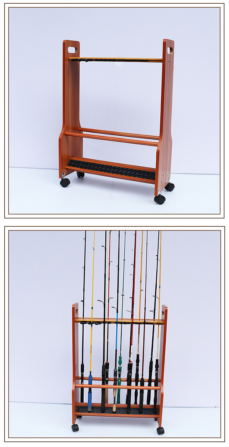 32杆橡木色鱼竿展示架 滚轮式鱼竿放置架 多功能鱼竿放置展示架