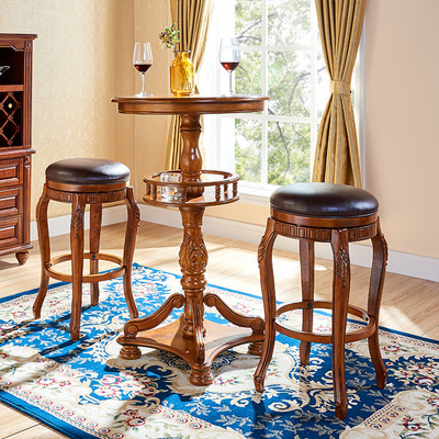 美式圆柱高脚吧桌欧式高脚桌圆高脚吧台桌家用实木酒吧桌圆形吧台