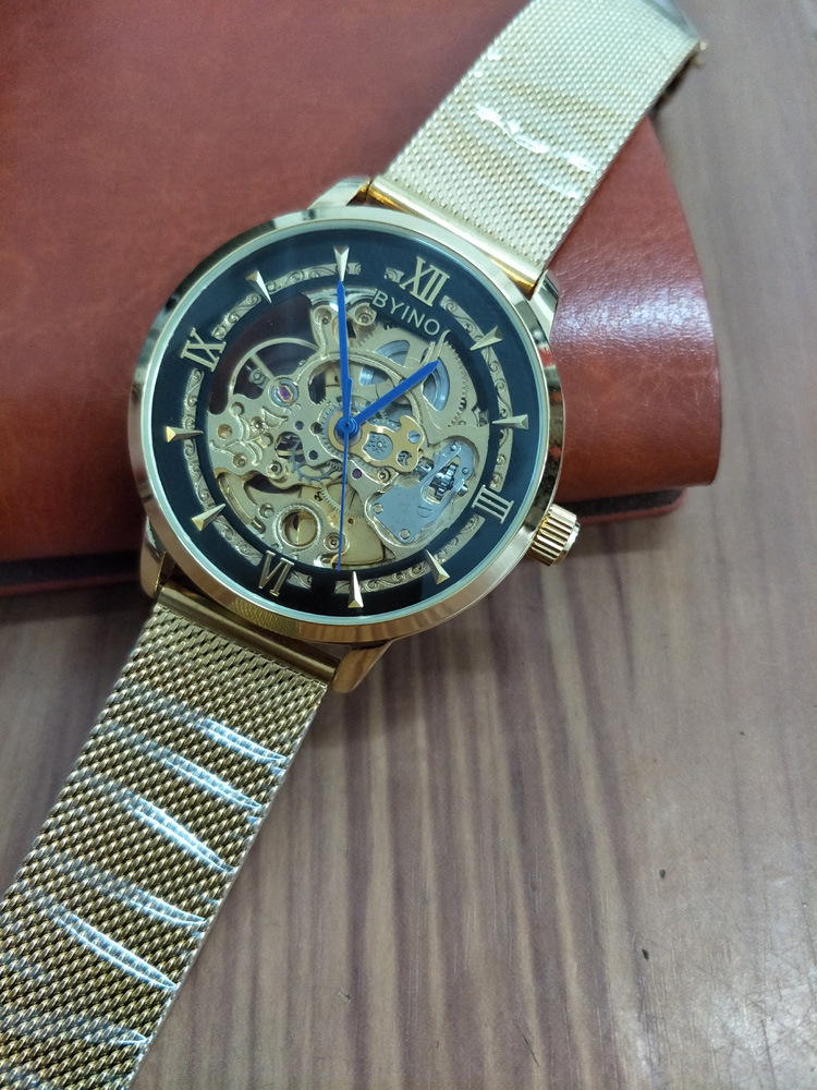 新款贝伊诺byino手表金色镂空自动上链网带男士机械表8222