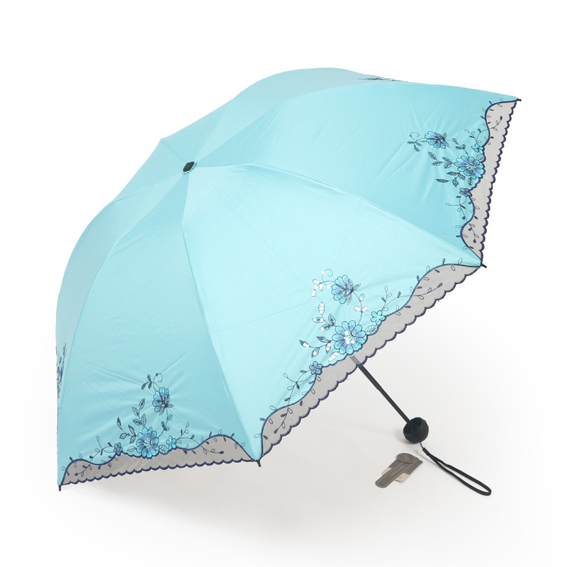 安诺淑36089三折碰其金胶布蕾丝刺绣超强防紫外线防晒女士遮阳伞