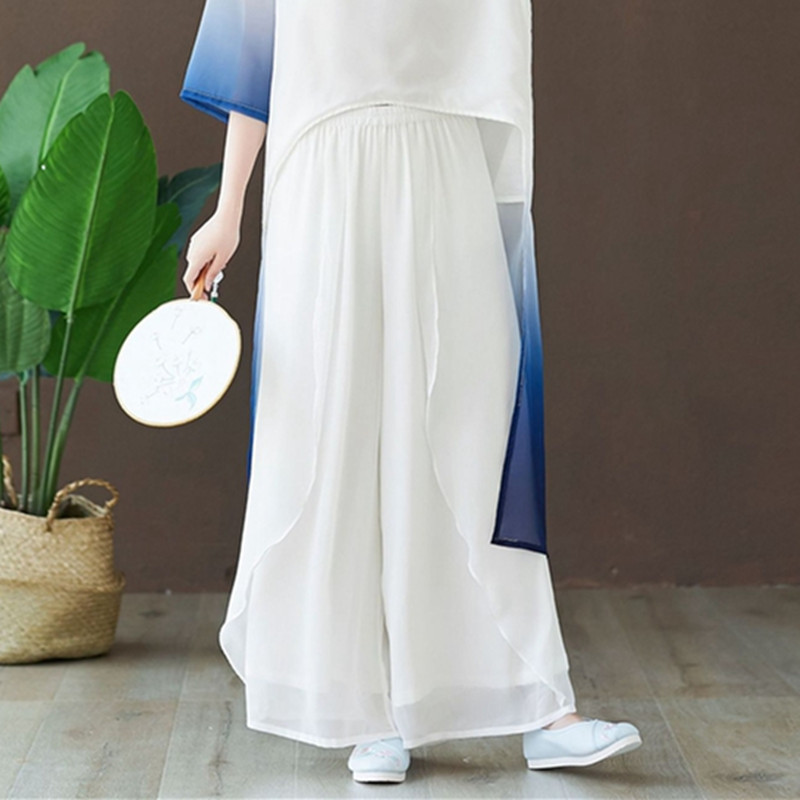夏装女汉服古风仙气纯色打底裤白色雪纺阔腿裤女九分显瘦高腰裙裤