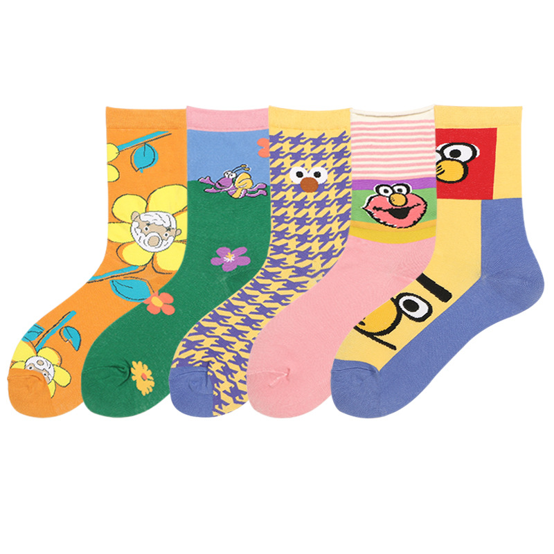 春夏新芝麻街插画中筒袜子个性卡通可爱萌少女眼睛棉情侣socks