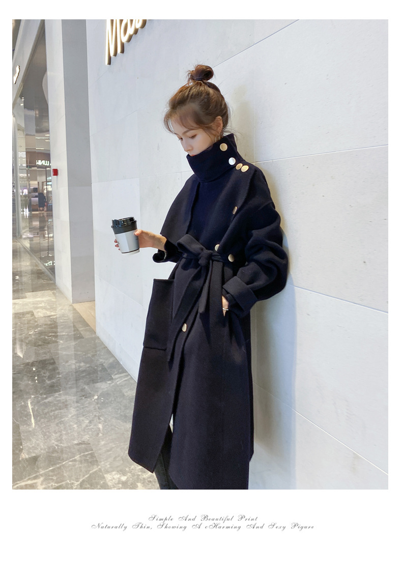 实拍chic轻熟深藏青色长款立领别致单排扣收腰系带羊毛呢子大衣女