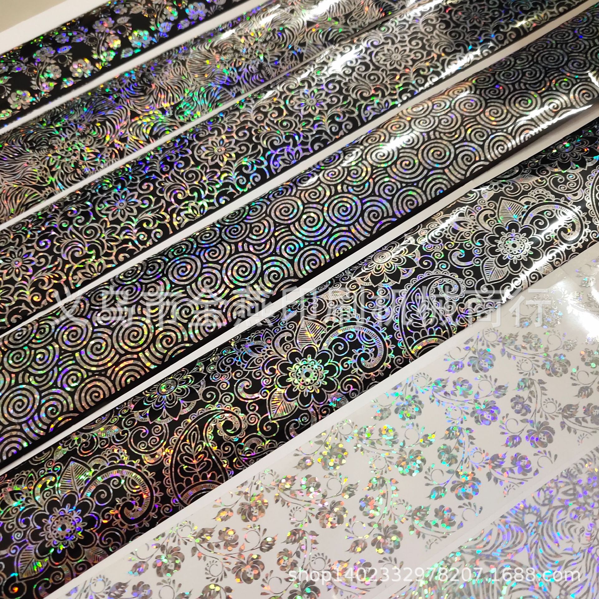 五款花纹黑底透明镭射10款 美甲贴纸 玫瑰花 热转印膜