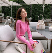 韩国2022春秋新款少女粉柔软贴身轻薄款长袖纯色打底衫女上衣T恤