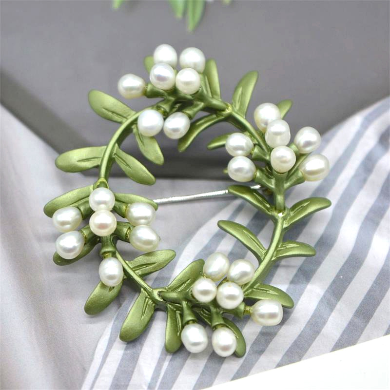 时尚女士桃金娘花环人造珍珠淡水珍珠绿色复古夸张胸针胸花brooch