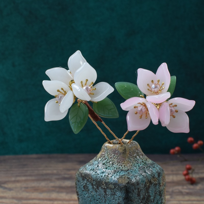 新款手工汉服头饰小花钗缠花发簪子 海棠花u型小发钗古风发饰批发