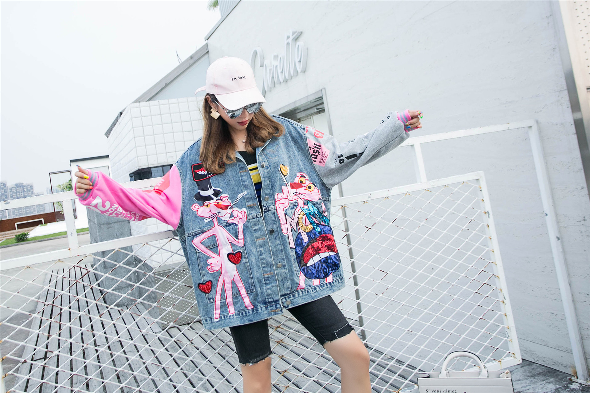 泰国潮牌女装卡通图案重工亮片大码宽松拼接长袖中长款牛仔外套女