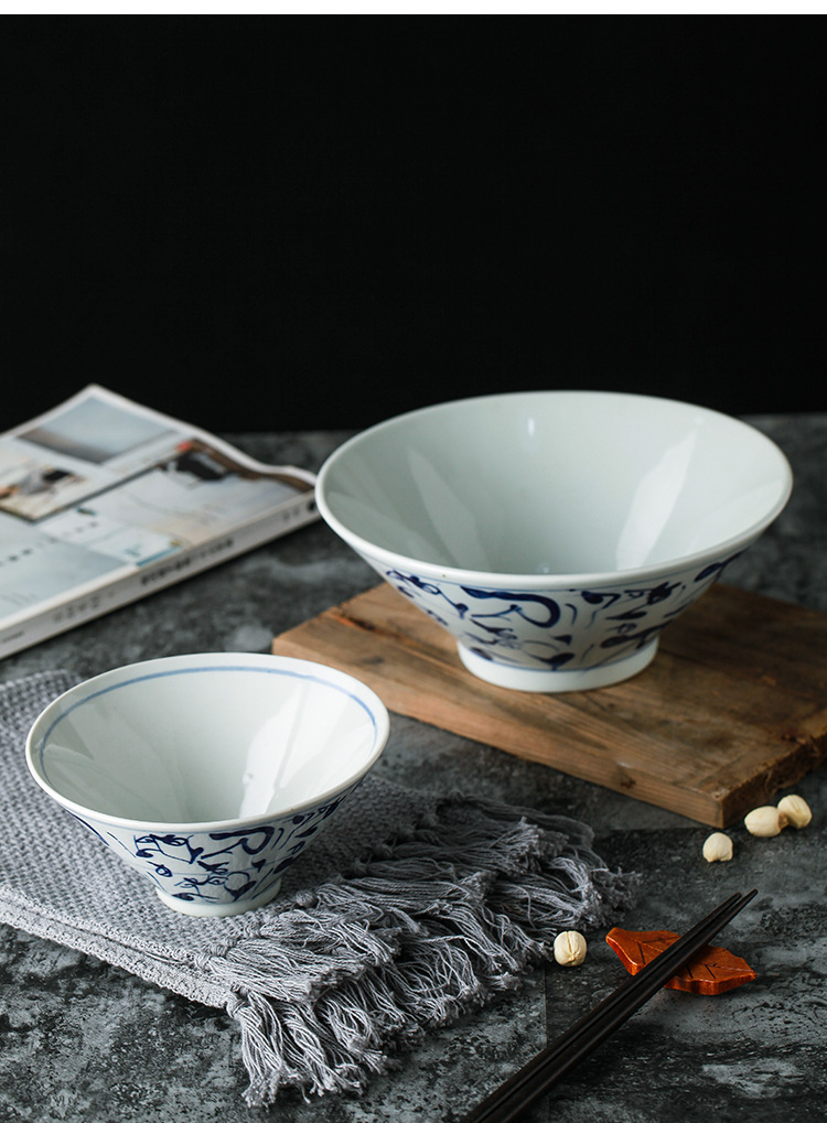 景德镇陶瓷餐具创意手绘青花斗笠碗文艺青年7寸大面碗