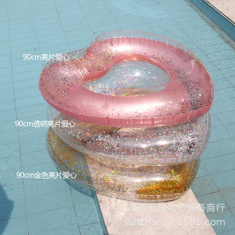 Wholesale New 90cm Sequin Love Swimming Ring Girl Cute Transparent Shiny Inflatable Swimming Ring Life Buoy