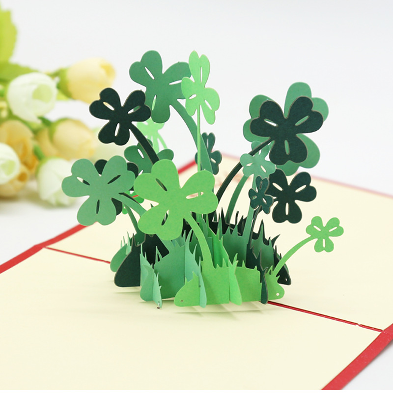 幸运四叶草3d立体贺卡创意纸雕镂空节日商务祝福卡片定制贺卡