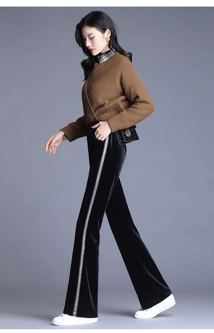 现货春秋2020金丝绒微喇裤松紧腰女大码坠感阔腿宽松直筒长裤