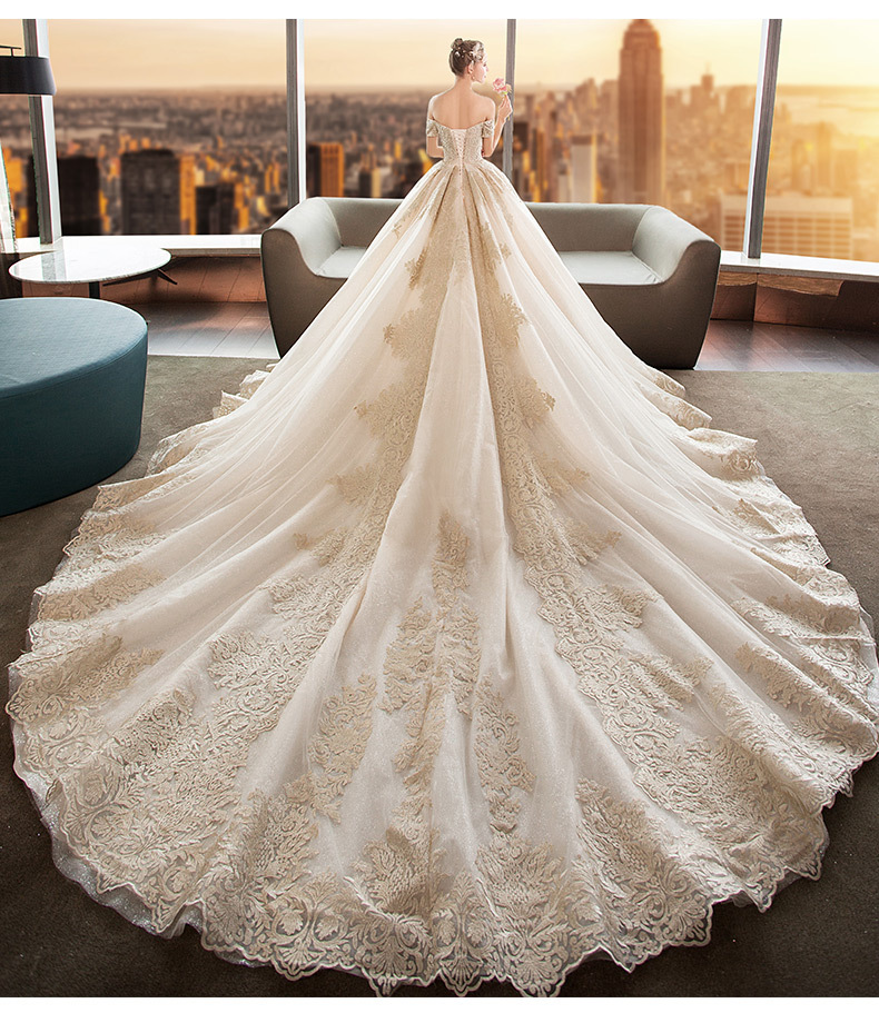 一字肩婚纱新娘2022新款网红款香槟色长拖尾赫本风复古显瘦超仙孕