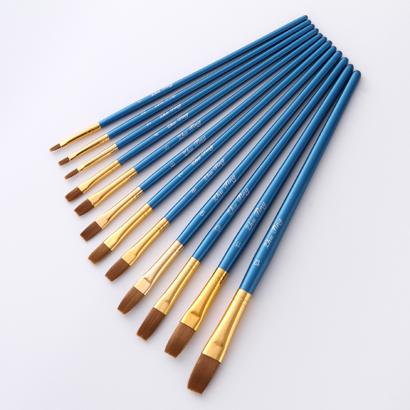 12支尼龙毛扁头尼龙毛画笔套装 珠光蓝色杆油画毛笔 美术用