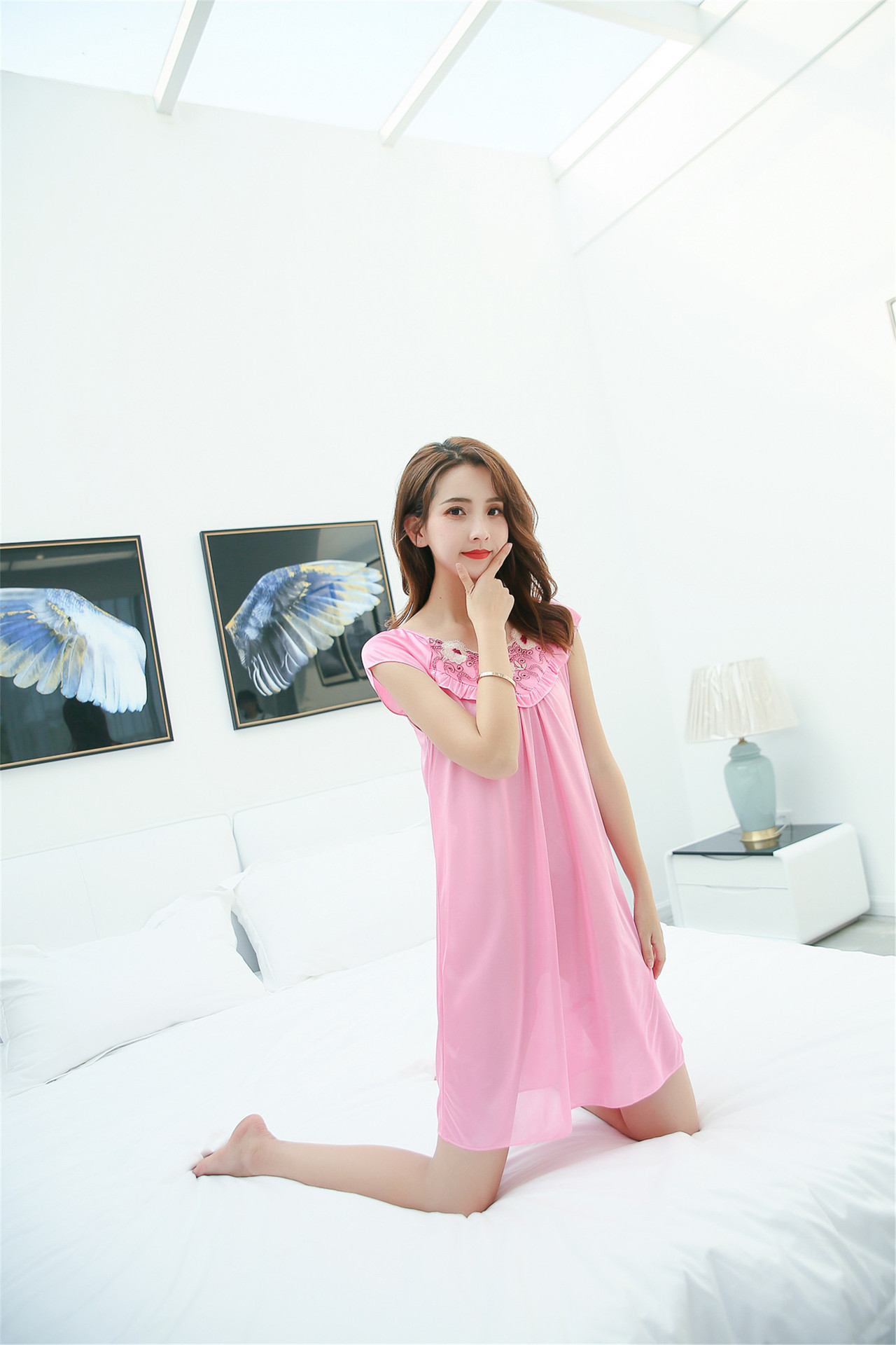 夏季性感花边无袖背心睡裙女士全光冰丝中长款睡裙批发