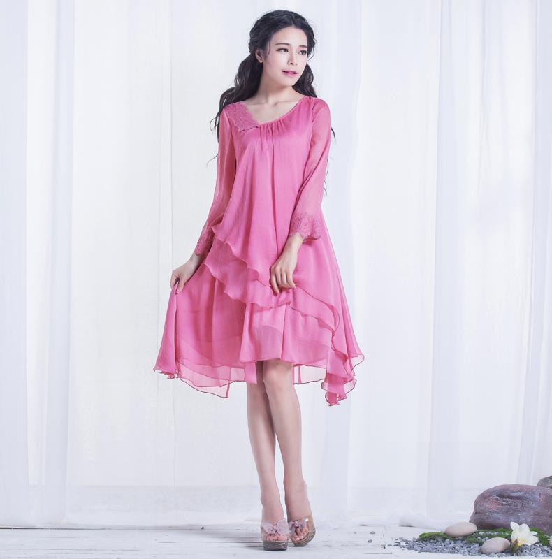 春装新款女装甜美宽松版显瘦优雅大摆雪纺系带连衣裙 梵音