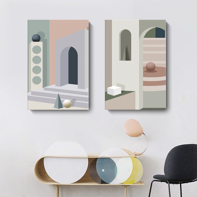 莫兰迪色装饰画 几何建筑地中海风景酒店轻奢挂画批发厂家直销