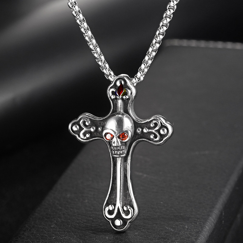 朋克饰品 钛钢项坠骷髅头十字架 欧美个性流行项链