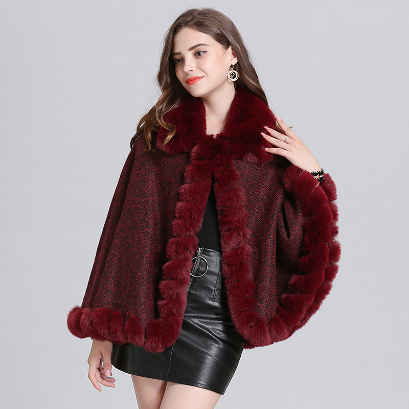 2021 Autumn and Winter New Fashion Lady Imitation Fox Fur Collar Fleece-Lined Knitting Cardigan Shawl Cape 1509#