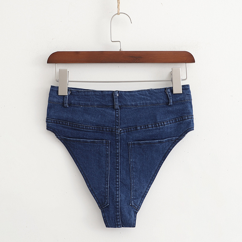 2019春跨境女装新款蓝色倒三角牛仔短裤女