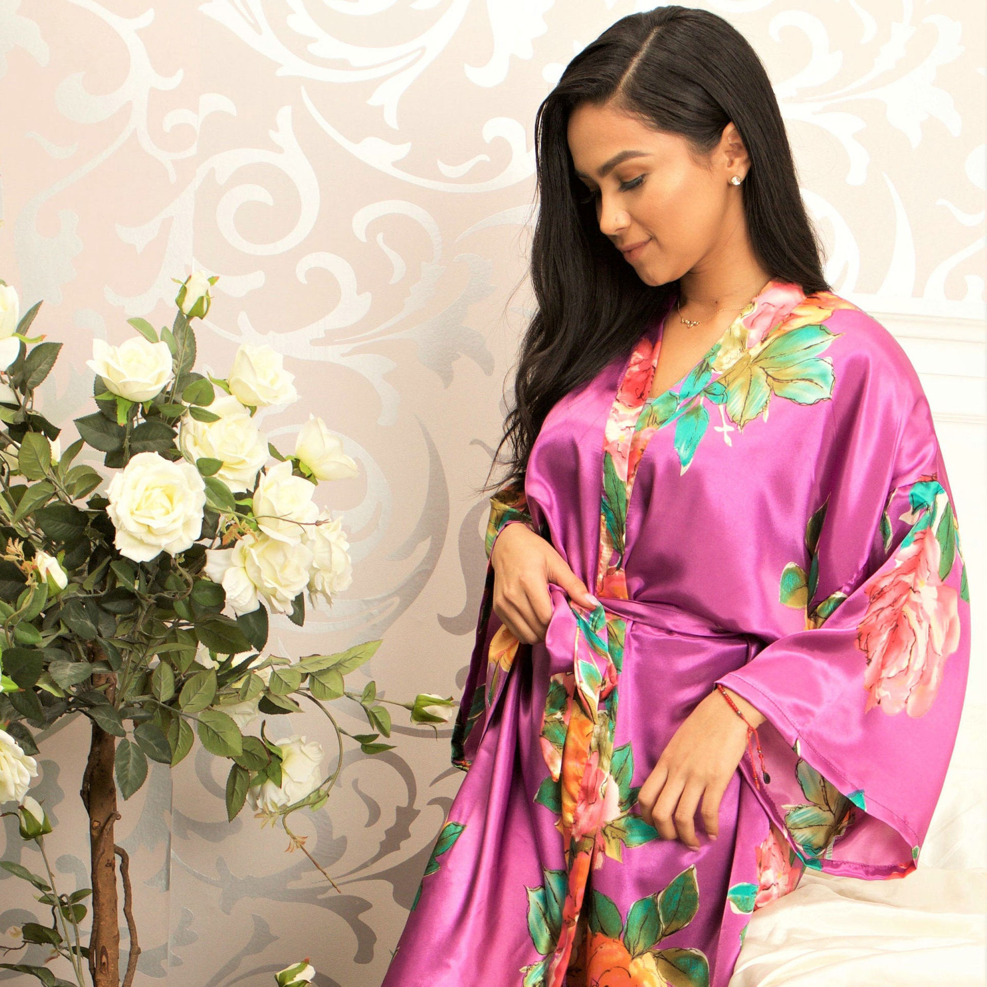 厂家直销夏款仿真丝绸睡衣薄款印花睡袍中袖加大码家居服亚马逊