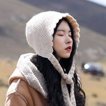 韩国复古纯色毛线帽子女秋冬季保暖护耳帽法式系带萝莉包头针织帽
