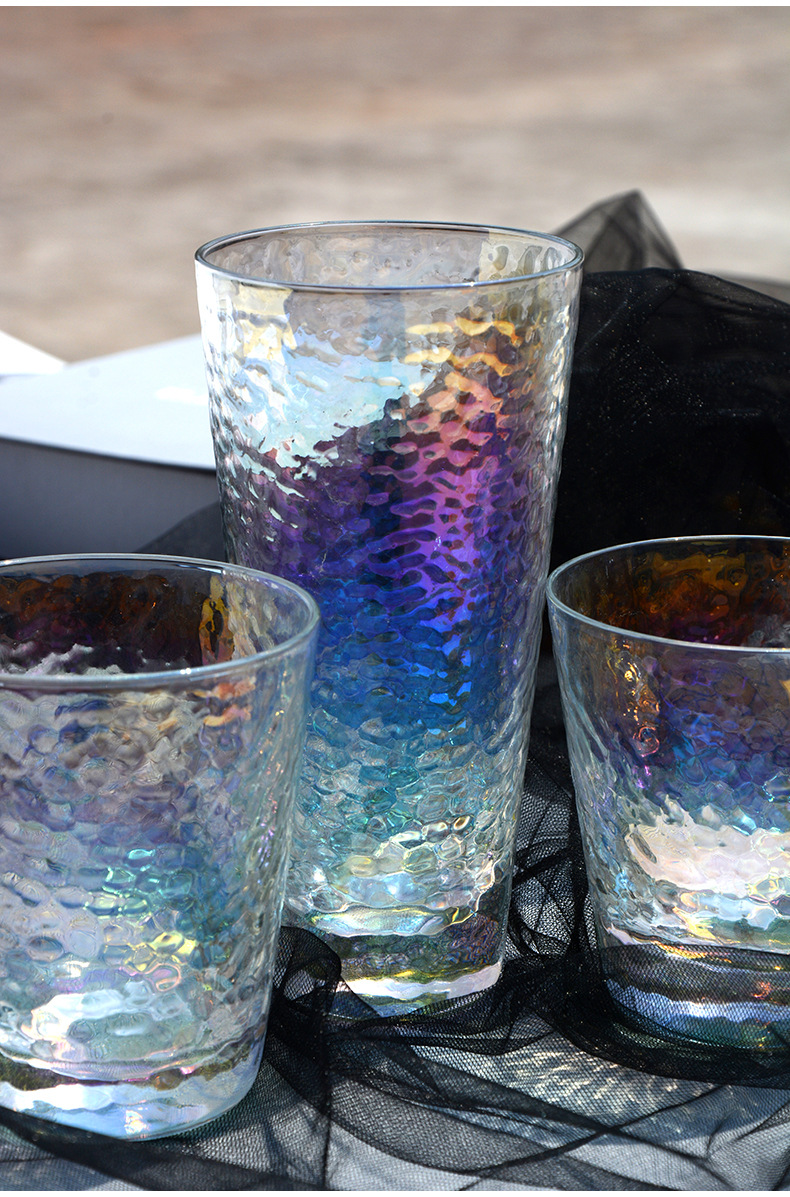 创意日式炫彩锤纹玻璃杯大号果汁杯加厚耐热电镀玻璃水杯批发定制