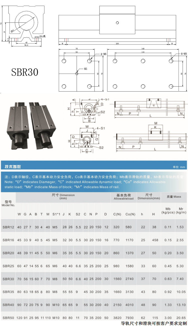 sbr30直线轴承导轨 圆柱直线导轨滑块滚柱导轨 线型导轨生产厂家