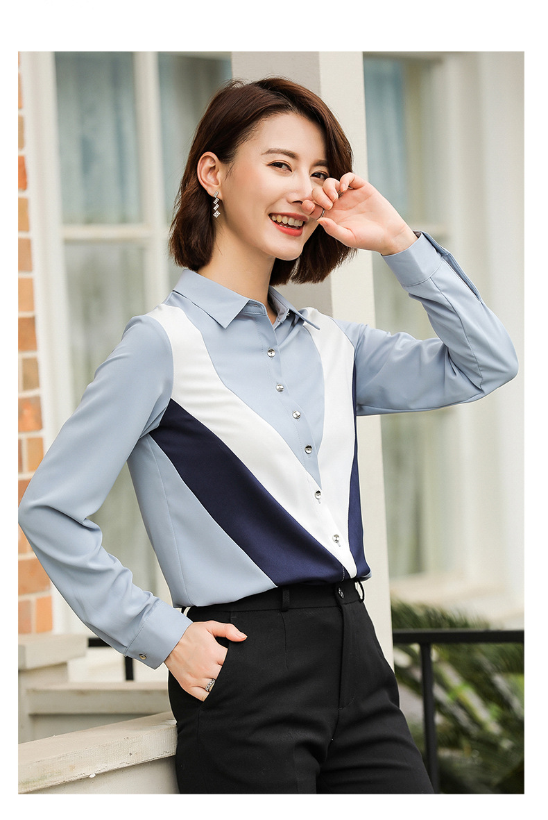 2019新款长袖职业衬衣女宽松休闲ol上衣chic秋季女士缎面拼色衬衫