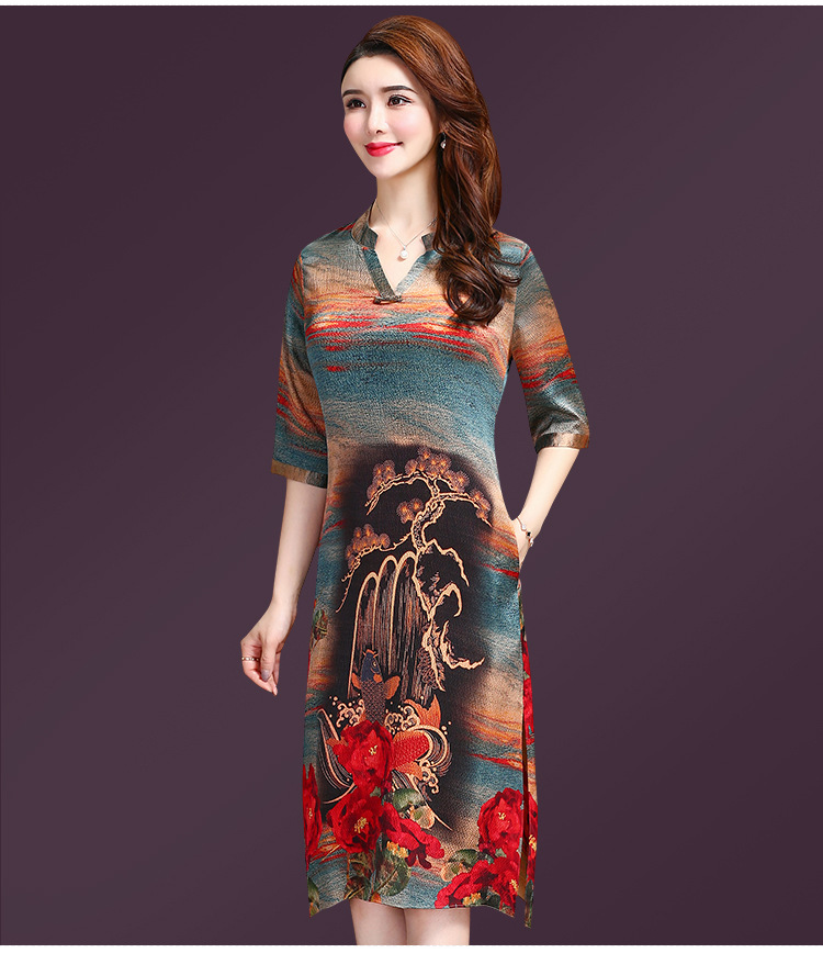 大码女士半袖高贵桑蚕丝真丝连衣裙夏季2018新款印花长裙