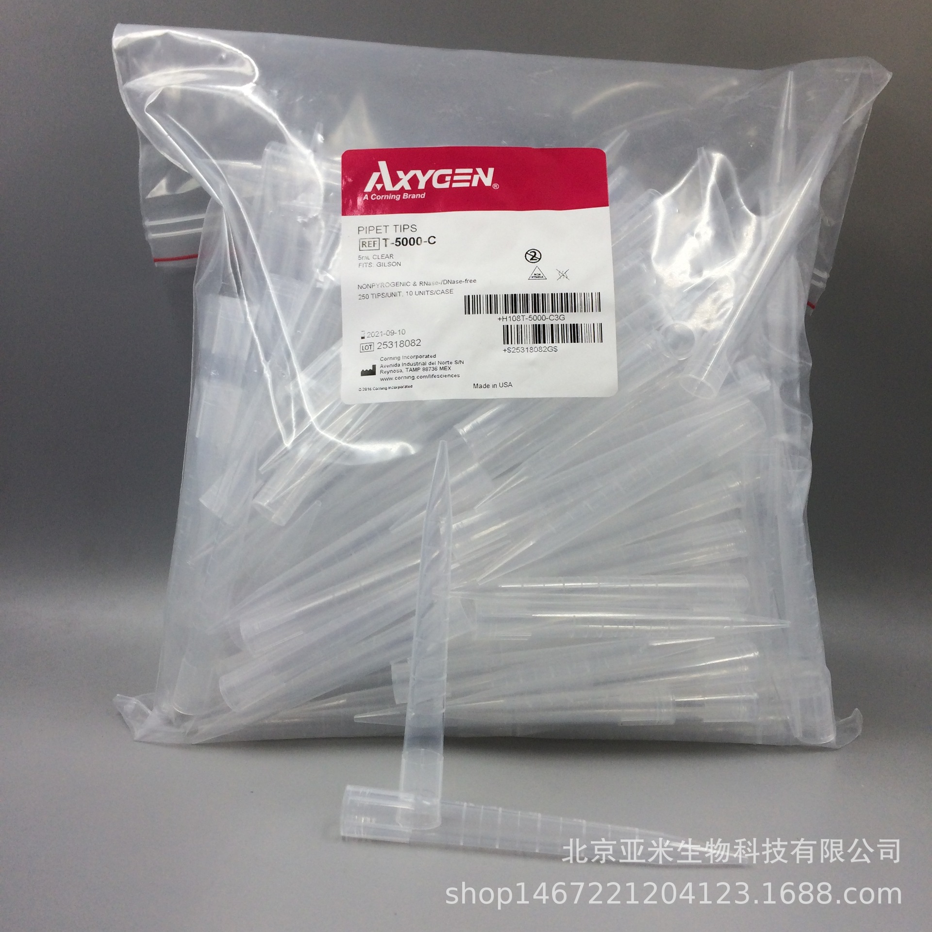axygen爱思进 t-5000-c 5ml 5000ul透明吸头 250支/包,10包/箱
