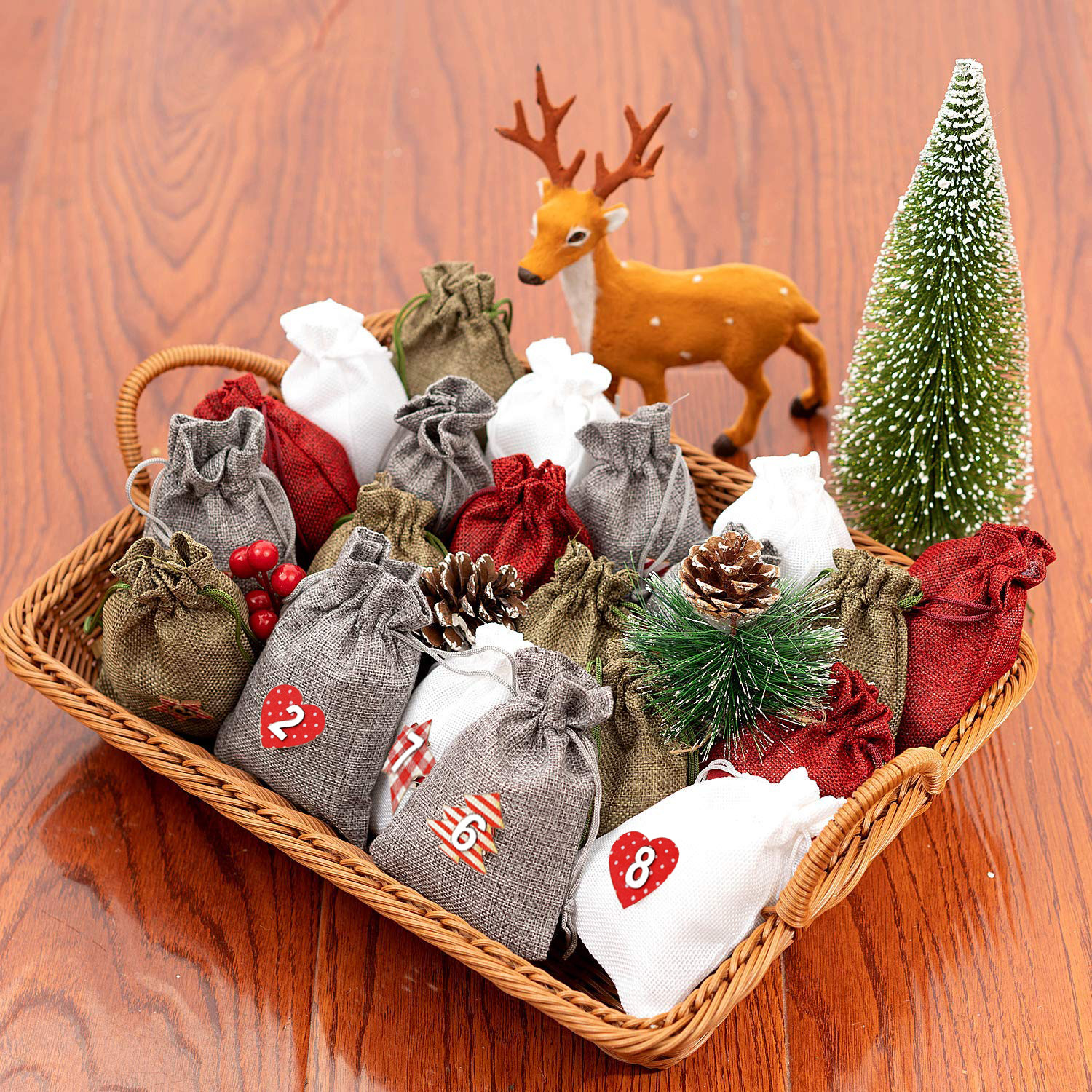 亚马逊供货 24色圣诞节日历麻布礼品袋礼物糖果包装小麻布袋现货