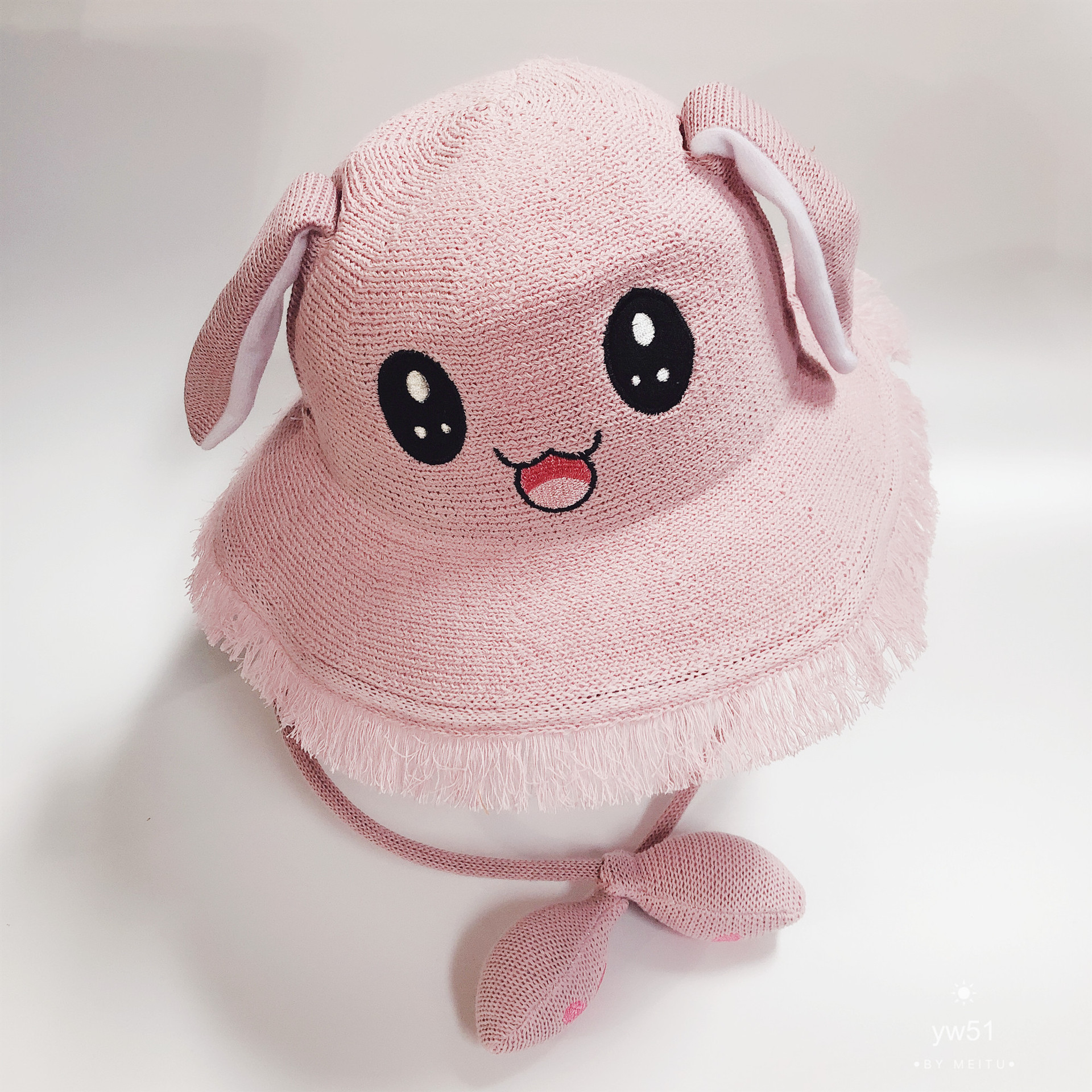 捏耳朵会跳动的兔子帽夏季女遮阳帽镂空编织网红兔子成人儿童帽子