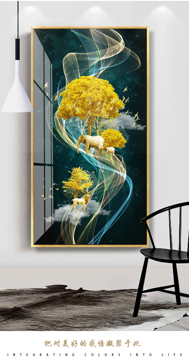 现代轻奢玄关装饰画竖版走廊过道进门玄幻壁画招财发财鹿客厅墙画