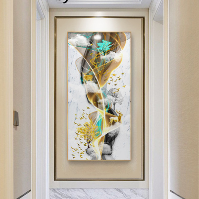 走廊进门玄关竖版过道装饰画挂画招财风水平面喷绘新中式客厅房屋